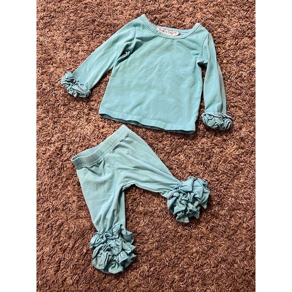Southern Style 2 Pc Baby Girl Boutique Outfit Cupcake Ruffles‎ Blue Size 0-6 mos